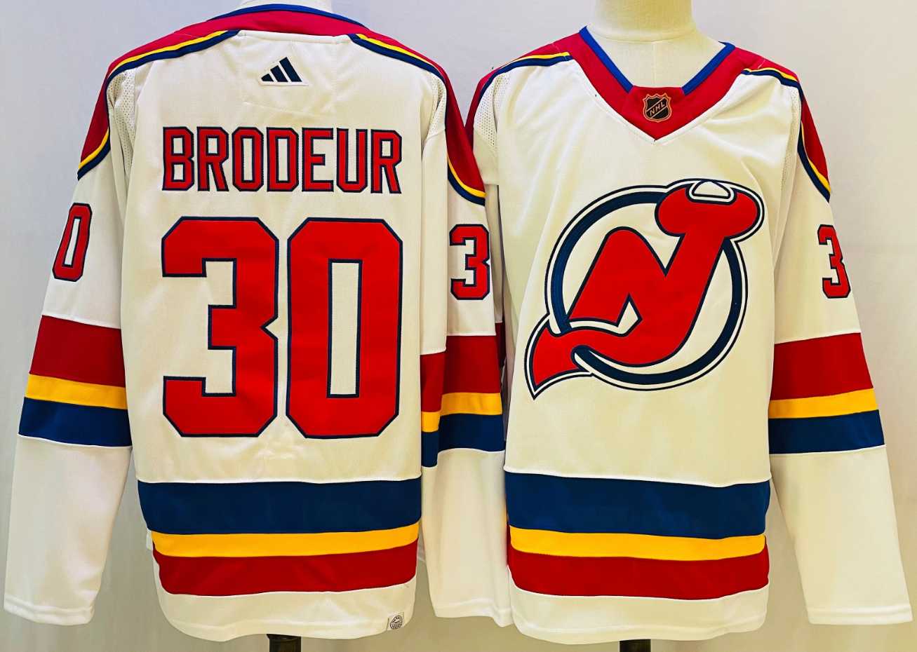 Mens New Jersey Devils #30 Martin Brodeur White 2022 Reverse Retro Authentic Jersey